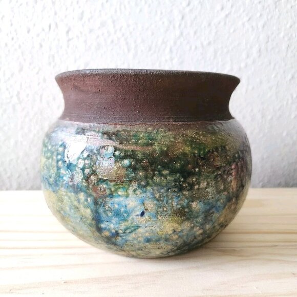 Vintage Raku Vase Bowl Art Pottery Iridescent Black Bottom Signed Jane Witte - Picture 1 of 16